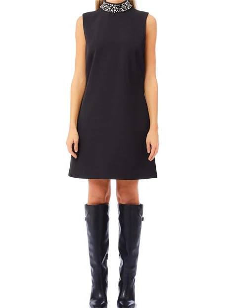 VESTITO CORTO CON COLLO ALTO E STRASS APPLICATI  DONNA NERO