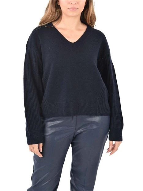 MAGLIA CON SCOLLO A V IN MISTO LANA DONNA BLU