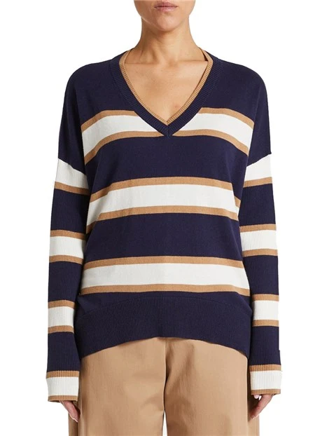 MAGLIA CON SCOLLO A V A RIGHE DONNA BLU