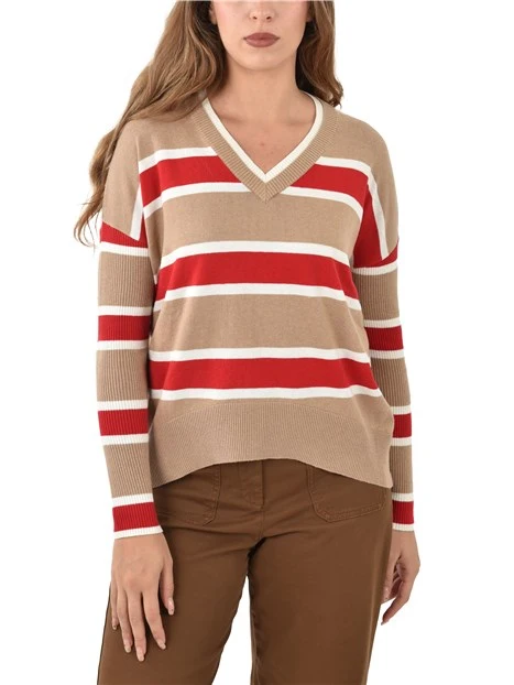 MAGLIA CON SCOLLO A V A RIGHE DONNA AVORIO