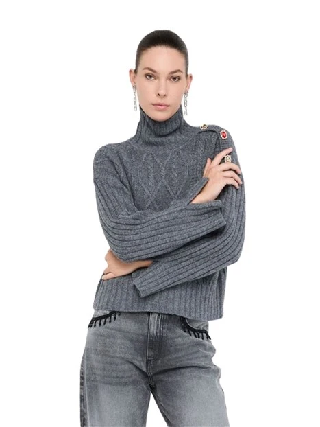 MAGLIA DOLCEVITA DONNA CON LAVORAZIONE A TRECCE E BOTTONI GIOIELLO DONNA GRIGIO