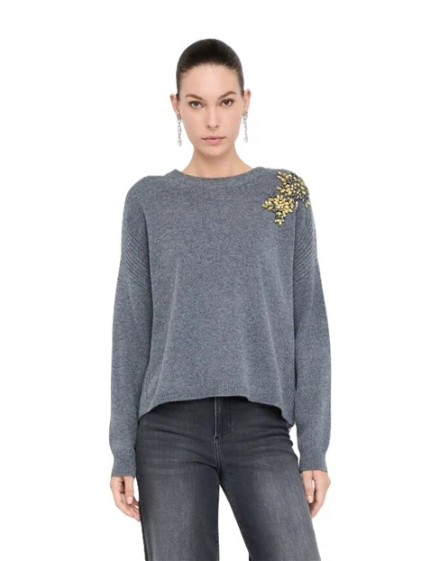 MAGLIA GIROCOLLO CON RICAMI GIOIELLO  DONNA GRIGIO