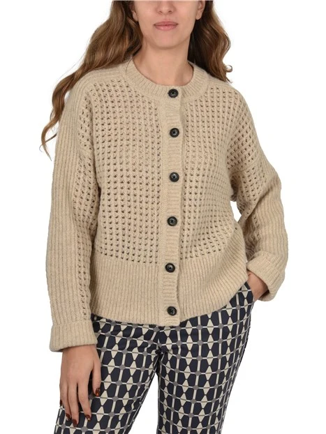 CARDIGAN IN MISTO ALPACA CON LAVORAZIONE A RETE DONNA BEIGE