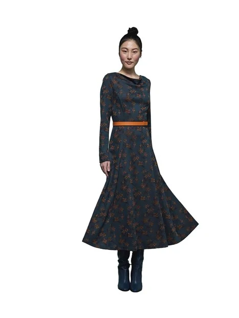 VESTITO LUNGO INJERSEY  CON FANTASIA FLOREALE DONNA VERDE SCURO