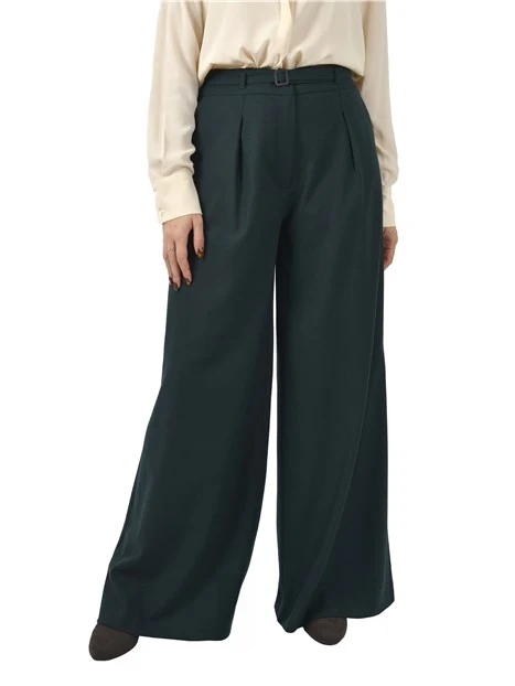PANTALONI PALAZZO CON CINTURA IN MISTO LANA DONNA VERDE