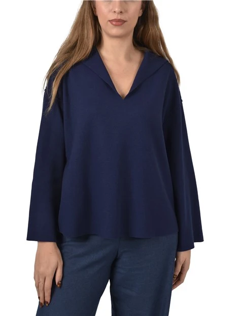 MAGLIA CON SCOLLO A V  IN MISTO LANA VERGINE DONNA BLU