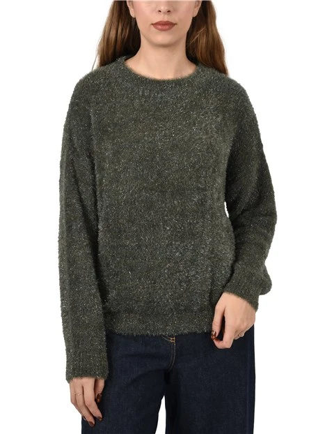 MAGLIA GIROCOLLO IN  MISTO ALPACA CON PROFILI A COSTINE DONNA VERDE SCURO