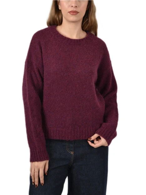 MAGLIA GIROCOLLO IN  MISTO ALPACA CON PROFILI A COSTINE DONNA BORDEAUX