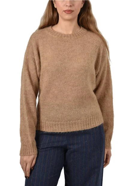 MAGLIA GIROCOLLO IN  MISTO ALPACA CON PROFILI A COSTINE DONNA MARRONE