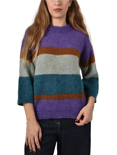 MAGLIA GIROCOLLO IN MISTO ALPACA CON FANTASIA A RIGHE DONNA VIOLA