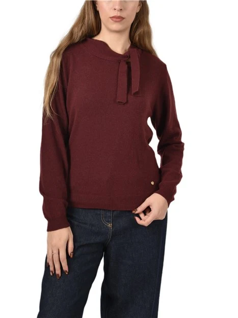 MAGLIERA GIROCOLLO IN MISTO LANA CON FIOCCO DA ANNODARE DONNA BORDEAUX