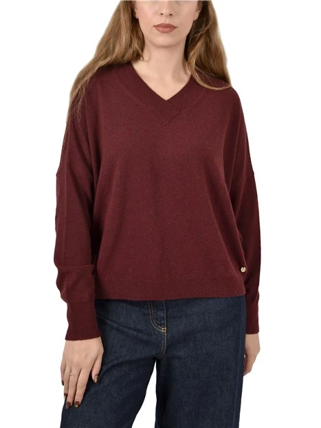 MAGLIA CON SCOLLO A V IN MISTO LANA E CASHEMERE DONNA BORDEAUX