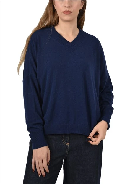 MAGLIA CON SCOLLO A V IN MISTO LANA E CASHEMERE DONNA BLU