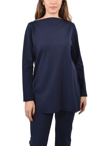 MAGLIA CON SCOLLO A BARCA E SPACCHI LATERALI DONNA BLU