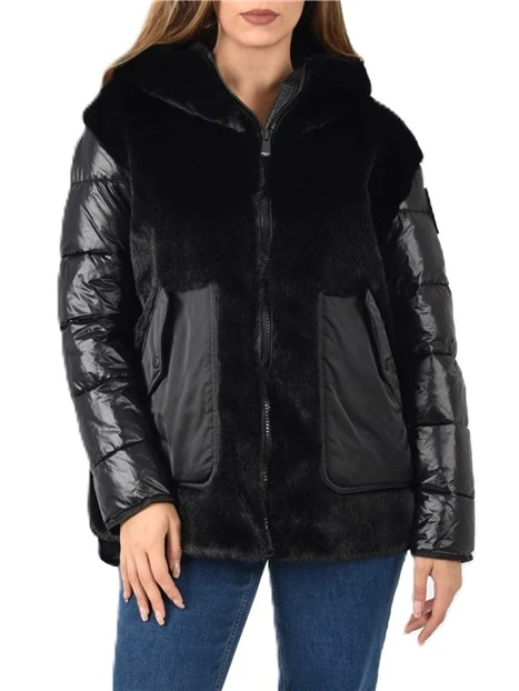 PIUMINO CON INSERTO IN ECOPELLICCIA DONNA NERO