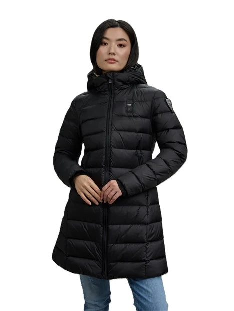 PIUMINO A RIGHE CON CAPPUCCIO DONNA NERO