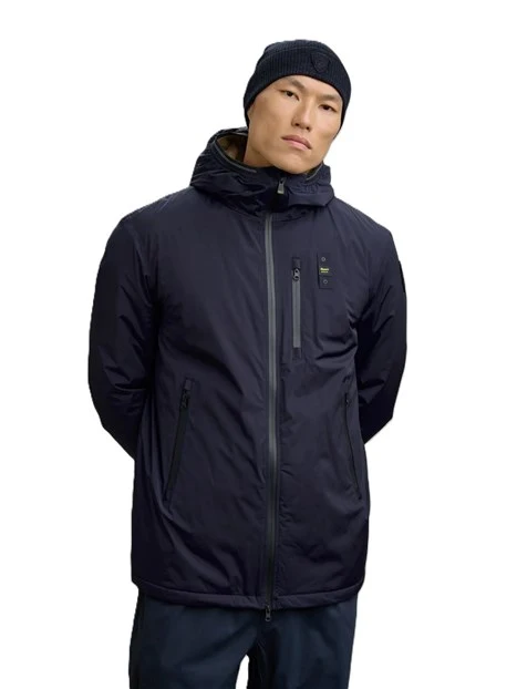 GIACCA IMPERMEABILE CON CAPPUCCIO E INTERNO IN PELLICCIA ECOLOGICA UOMO BLU