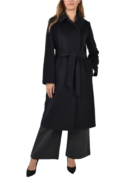 CAPPOTTO LUNGO IN LANA CON CINTURA E SPACCO SUL RETRO  DONNA BLU