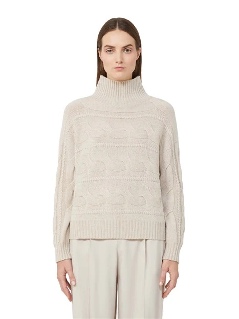 MAGLIA DOLCEVITA CON LAVORAZIONE A TRECCE IN LANA A CASHEMERE DONNA BEIGE