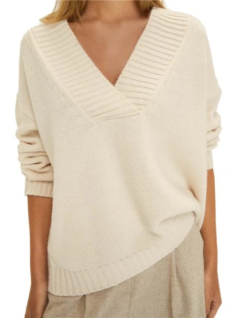 MAGLIA SCOLLO A V CON COSTA ALTA DONNA BIANCO