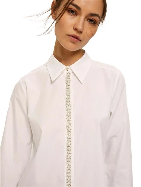 CAMICIA IN COTONE CON CRISTALLI E PERLE DONN BIANCO