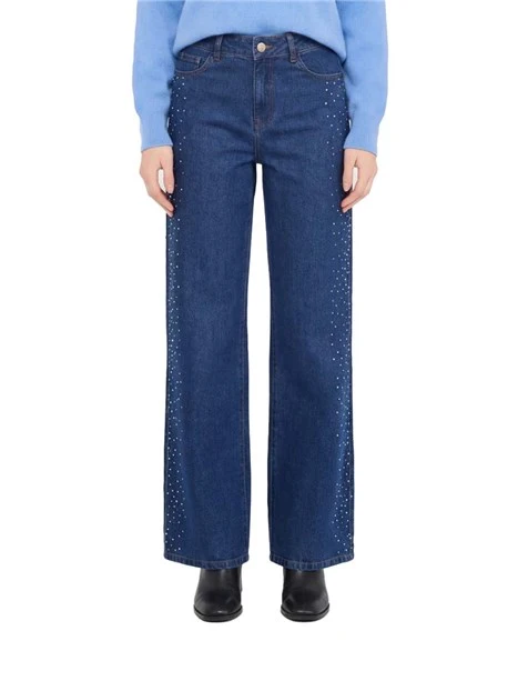 JEANS PALAZZO CON CRISTALLI E BORCHIE DONNA BLU