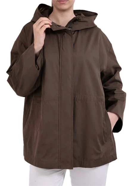 GIACCA IMPERMEABILE IN TWILL TECNICO CON CAPPUCCIO E BOTTONI DONNA MARRONE