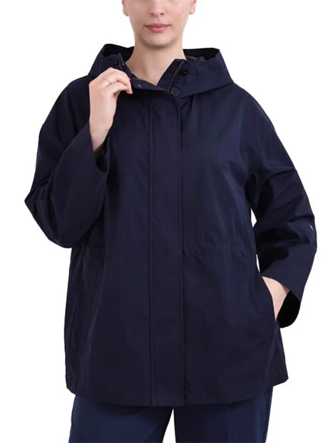 GIACCA IMPERMEABILE IN TWILL TECNICO CON CAPPUCCIO E BOTTONI DONNA BLU