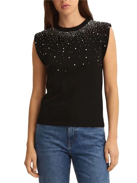 T-SHIRT MANICA CORTA CON CRISTALLI APPLICATI DONNA NERO