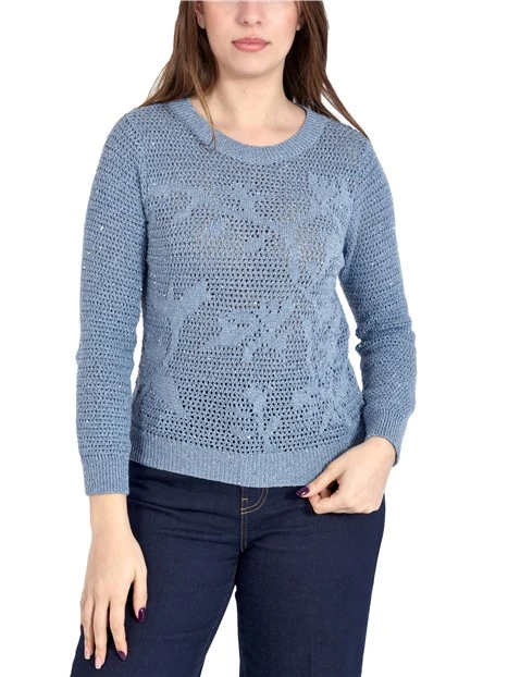MAGLIA GIROCOLLO IN FILATO MISTO COTONE CON PAILLETTES DONNA AZZURRO