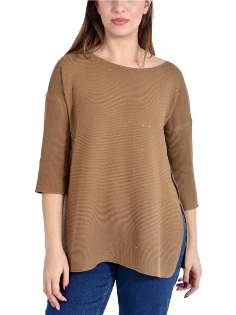 MAGLIA CON SCOLLO A BARCA CON PAILLETES E MANICA A KIMONO DONNA MARRONE