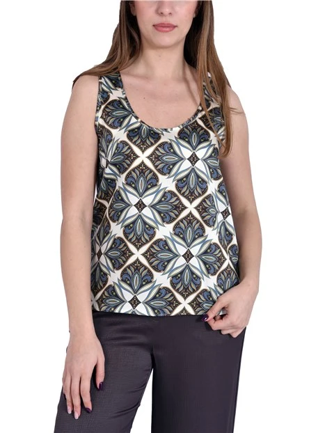 TOP SMANICATO IN TWILL STAMPATO DONNA BIANCO