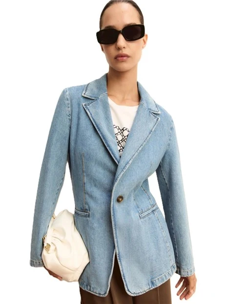 BLAZER MONOPETTO IN DENIM CON PINCE E FIANCHETTI SAGOMATI DONNA BLU