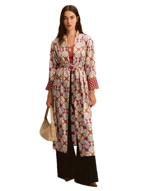 GIACCA A KIMONO IN TWILL STAMPATO CON MANICA TRE QUARTI DONNA MARRONE