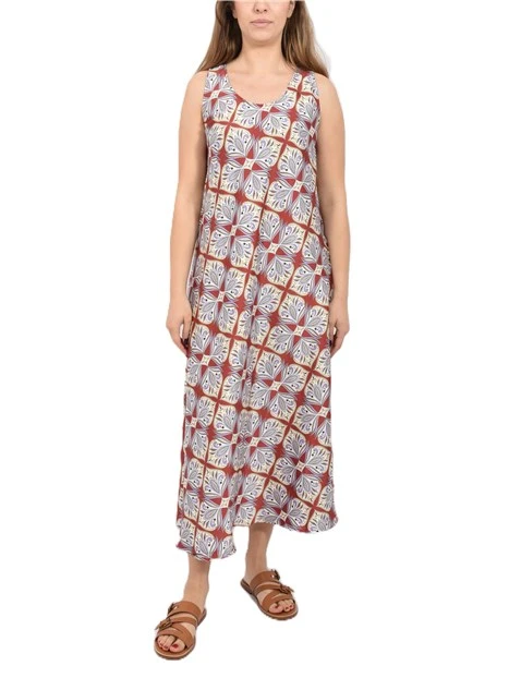 VESTITO LUNGO SMANICATO CON STAMPA GEOMETRICA ALL OVER DONNA ROSSO