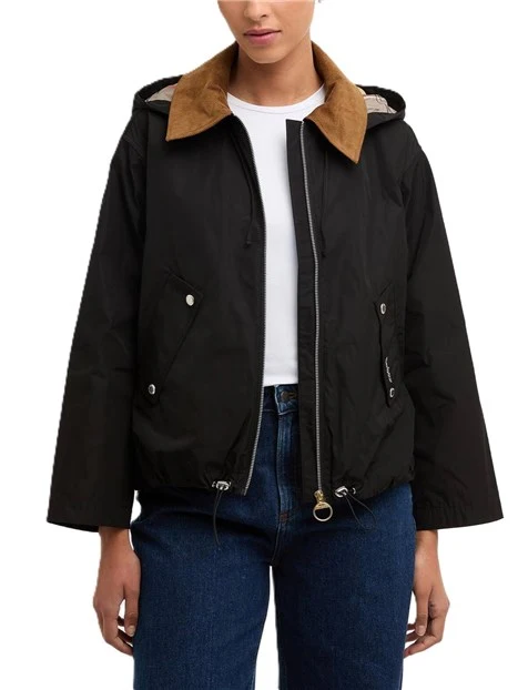 GIACCA IMPERMEABILE CON DETTAGLI IN TARTAN E CAPPUCCIO REMOVIBILE DONNA NERO