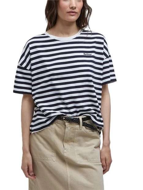 T-SHIRT MANICA CORTA IN COTONE CON MOTIVO A RIGHE E LOGO RICAMATO DONNA BLU