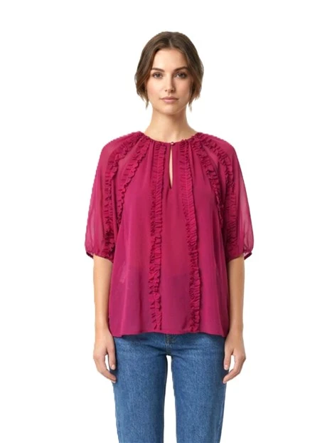 BLUSA CON RUCHES VERTICALI E APERTURA A GOCCIA DONNA FUCSIA