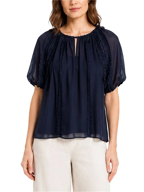 BLUSA CON RUCHES VERTICALI E APERTURA A GOCCIA DONNA BLU