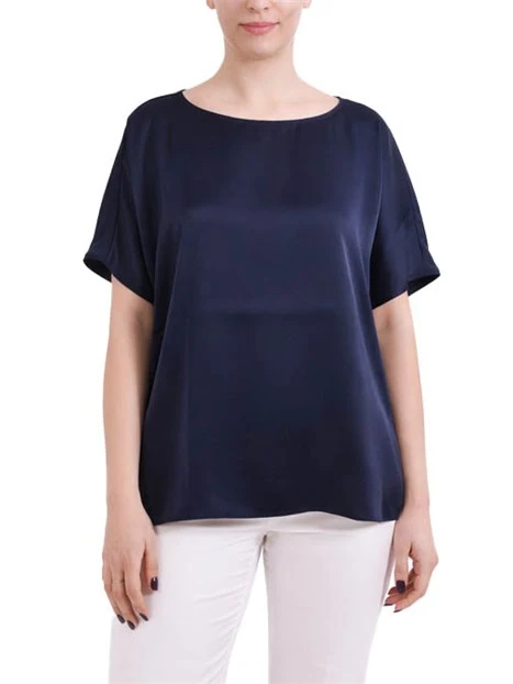 T-SHIRT MANICA CORTA IN RASO CON SCOLLO A BARCA E SPACCHI LATERALI DONNA BLU