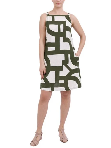 VESTITO CORTO SMANICATO IN TELA DI COTONE CON STAMPA GEOMETRICA  DONNA VERDE