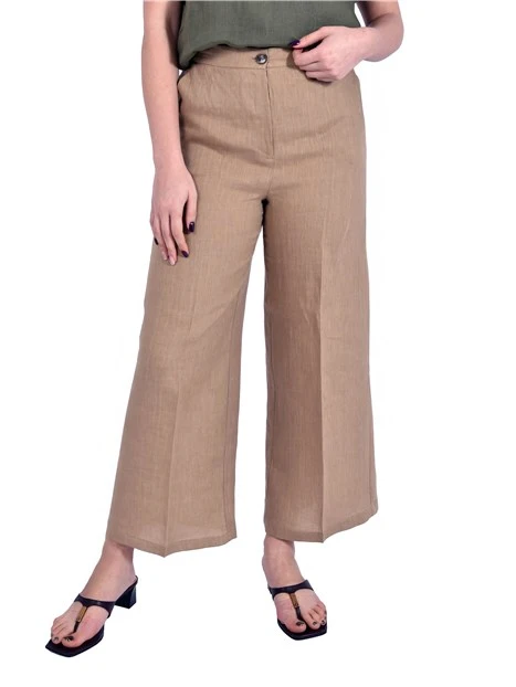 PANTALONE PALAZZO IN LINO CON PIEGA STIRATA E TASCHE LATERALI DONNA BEIGE