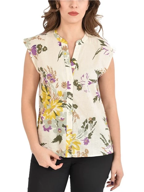 CAMICIA SMANICATA CON STAMPA FLOREALE DONNA AVORIO