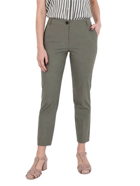 PANTALONI SIGARETTA  IN MISTO COTONE CON BOTTONE A VISTA DONNA VERDE
