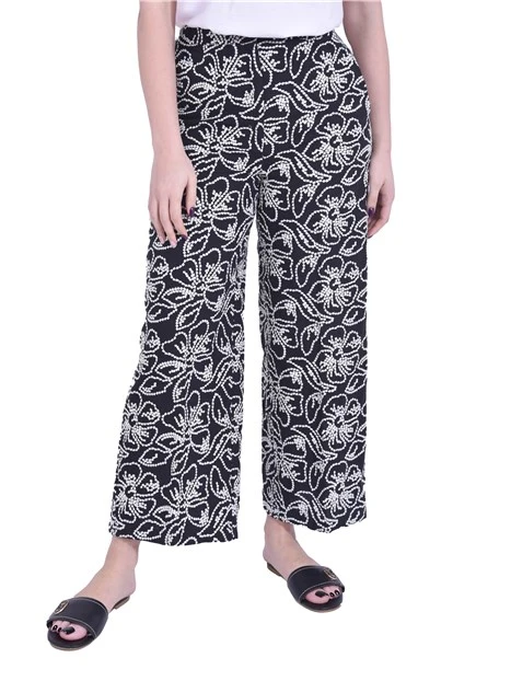 PANTALONE PALAZZO IN TELA DI COTONE E LINO CON RICAMI DONNA NERO