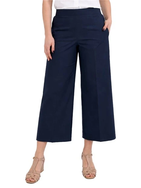 PANTALONE PALAZZO CON TASCHE A FILETTO E INSERTO ELASTICO SUL RETRO DONNA BLU