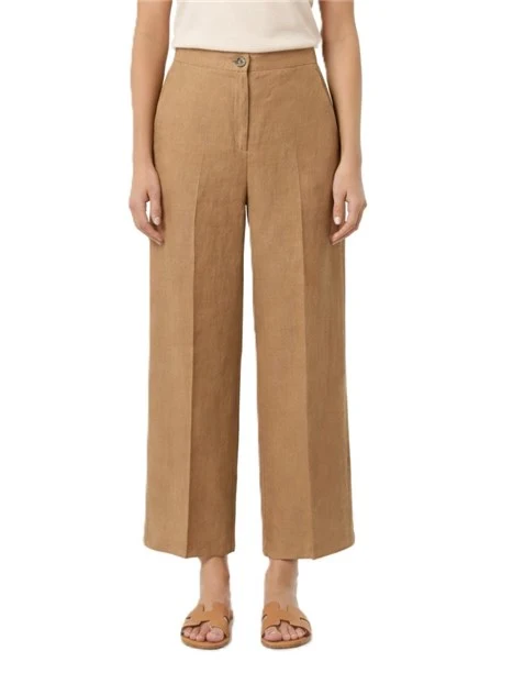 PANTALONE PALAZZO IN MISTO LINO CON PIEGA STIRATA DONNA MARRONE