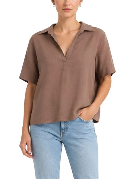 BLUSA CON COLLO A POLO IN MISTO LINO DONNA MARRONE