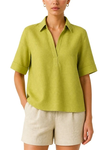 BLUSA CON COLLO A POLO IN MISTO LINO DONNA VERDE