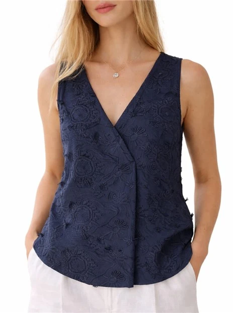 TOP SMANICATO CON COLLO A V IN COTONE RICAMATO DONNA BLU